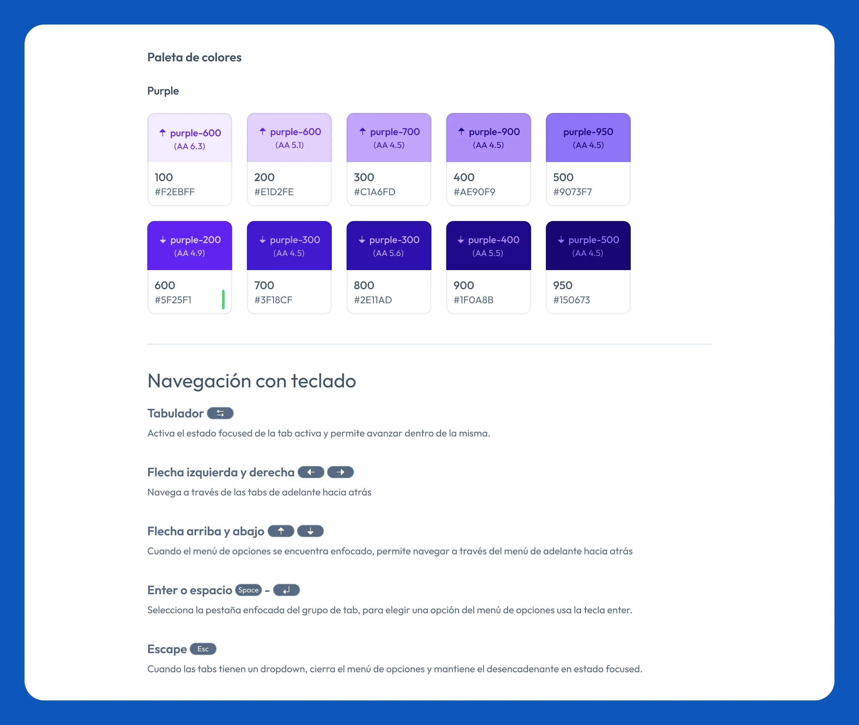 Rampa de color con ratios AA y documentación de navegación por teclado